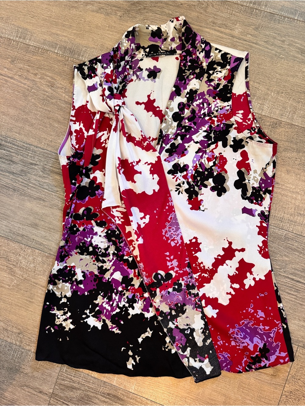 Elie Tahari Sleeveless Silk Floral Tie-Neck Top | Size S
